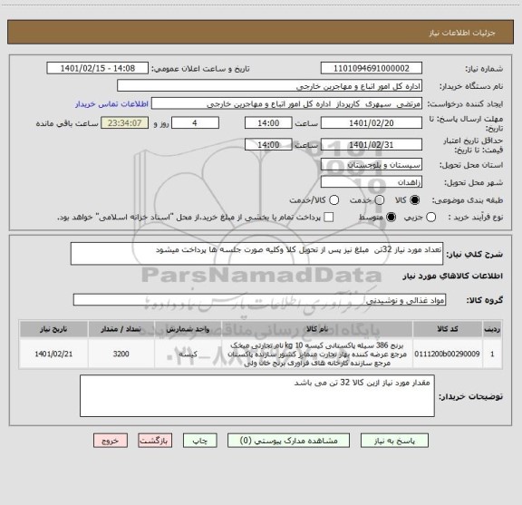 استعلام تعداد مورد نیاز 32تن  مبلغ نیز پس از تحویل کلا وکلیه صورت جلسه ها پرداخت میشود 