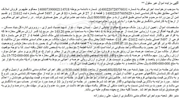 مزایده فروش  6 دهنه مغازه به مساحت سرجمع 143.20 متر مربع  