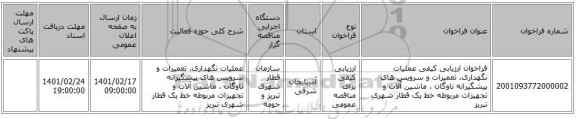 مناقصه، فراخوان ارزیابی کیفی عملیات نگهداری، تعمیرات و سرویس های پیشگیرانه ناوگان ، ماشین آلات و تجهیزات مربوطه خط یک قطار شهری تبریز