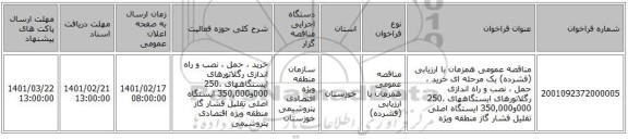 مناقصه، مناقصه عمومی همزمان با ارزیابی (فشرده) یک مرحله ای خرید ، حمل ، نصب و راه اندازی رگلاتورهای ایستگاههای  250،000و350,000 ایستگاه اصلی تقلیل فشار گاز منطقه ویژه