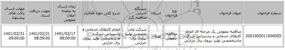 مناقصه، مناقصه عمومی یک مرحله ای انجام کارهای خدماتی و پشتیبانی شرکت مادرتخصصی تولید نیروی برق حرارتی