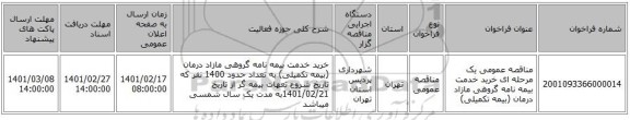 مناقصه، مناقصه عمومی یک مرحله ای خرید خدمت بیمه نامه گروهی مازاد درمان (بیمه تکمیلی) 