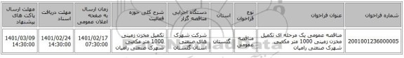 مناقصه، مناقصه عمومی یک مرحله ای تکمیل مخزن زمینی 1000 متر مکعبی شهرک صنعتی رامیان
