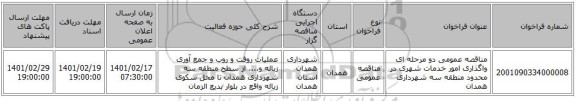 مناقصه، مناقصه عمومی دو مرحله ای واگذاری امور خدمات شهری در محدود منطقه سه شهرداری همدان