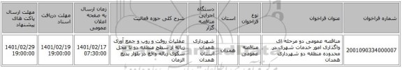 مناقصه، مناقصه عمومی دو مرحله ای واگذاری امور خدمات شهری در محدوده منطقه دو شهرداری همدان