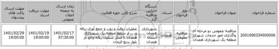 مناقصه، مناقصه عمومی دو مرحله ای واگذاری امور خدمات شهری منطقه یک شهرداری همدان
