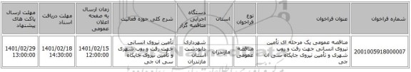 مناقصه، مناقصه عمومی یک مرحله ای تأمین نیروی انسانی جهت رفت و روب شهری و تأمین نیروی جایکاه سی ان جی