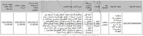 مناقصه، مناقصه عمومی یک مرحله ای تکمیل مدارس یک تا سه کلاسه LSF شهرستان کوهرنگ