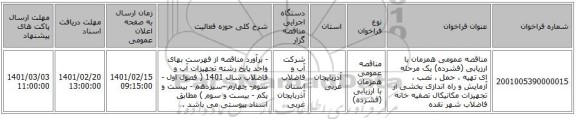 مناقصه، مناقصه عمومی همزمان با ارزیابی (فشرده) یک مرحله ای تهیه ، حمل ، نصب ، آزمایش و راه اندازی بخشی از تجهیزات مکانیکال تصفیه خانه فاضلاب شهر نقده