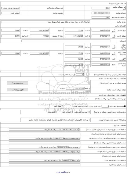 مزایده اجاره دو دهنه مغازه در ضلع جنوب شرقی پارک ملت