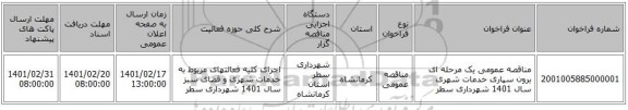 مناقصه، مناقصه عمومی یک مرحله ای برون سپاری خدمات شهری سال 1401 شهرداری سطر
