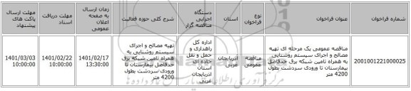 مناقصه، مناقصه عمومی یک مرحله ای تهیه مصالح و اجرای سیستم روشنایی به همراه تامین شبکه برق حدفاصل بیمارستان تا ورودی سردشت بطول 4200 متر