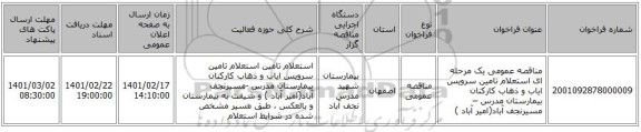 مناقصه، مناقصه عمومی یک مرحله ای استعلام تامین سرویس ایاب و ذهاب کارکنان بیمارستان مدرس –مسیرنجف آباد(امیر آباد )