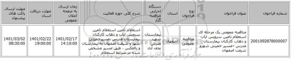 مناقصه، مناقصه عمومی یک مرحله ای استعلام تامین سرویس ایاب و ذهاب کارکنان بیمارستان مدرس –مسیر خمینی شهرو شیفت اصفهان  