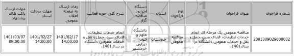 مناقصه، مناقصه عمومی یک مرحله ای انجام خدمات تنظیفات، فضای سبز، حمل و نقل و خدمات عمومی دانشگاه در سال1401،