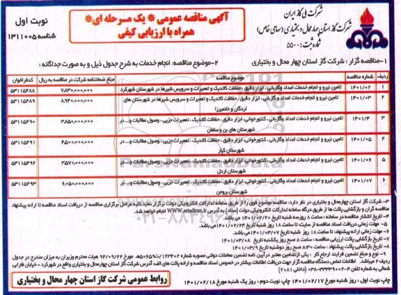 مناقصه تامین نیرو و انجام خدمات امداد و گازبانی  ابزار دقیق ، حفاظت کاتدیک