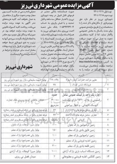 مزایده حق بهره برداری از مکان های نوبت دوم 