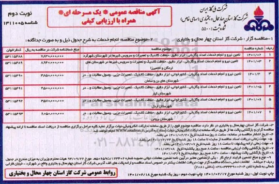 مناقصه، مناقصه تامین نیرو و انجام خدمات امداد و گازبانی، ابزار دقیق، حفاظت کاتدیک...- نوبت دوم 