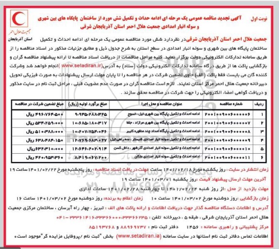 مناقصه ادامه احداث و تکمیل شش مورد از ساختمان پایگاه های بین شهری ... تجدید