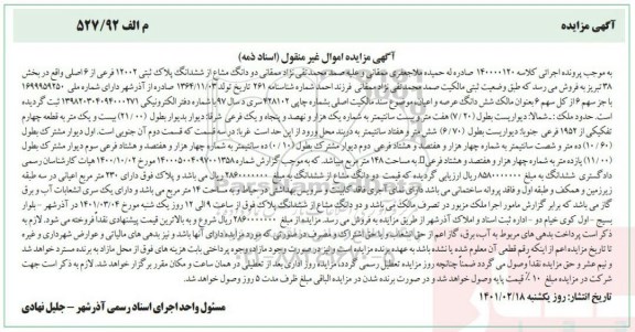 مزایده مزایده دو دانگ مشاع از ششدانگ پلاک ثبتی 12002 فرعی 