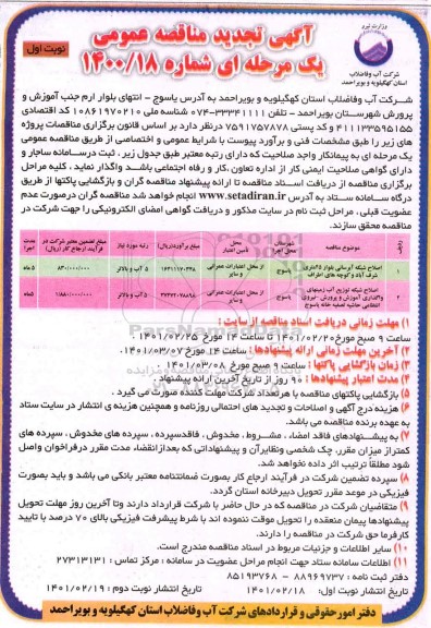 تجدید مناقصه اصلاح شبکه آبرسانی...