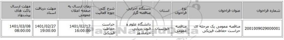 مناقصه، مناقصه عمومی یک مرحله ای حراست حفاظت فیزیکی