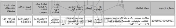 مناقصه، مناقصه عمومی یک مرحله ای مناقصه عمومی خدماتی پشتیبانی موسسه تحقیقات فنی ومهندسی کشاورزی 
