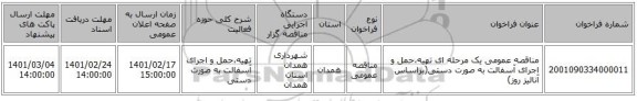 مناقصه، مناقصه عمومی یک مرحله ای تهیه،حمل و اجرای آسفالت به صورت دستی(براساس آنالیز روز)