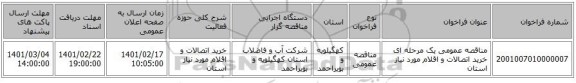 مناقصه، مناقصه عمومی یک مرحله ای خرید اتصالات و اقلام مورد نیاز استان