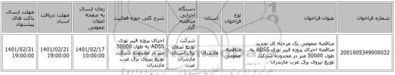 مناقصه، مناقصه عمومی یک مرحله ای  تجدید مناقصه اجرای پروژه فیبر نوری ADSS به طول 50000 متر در محدوده شرکت توزیع نیروی برق غرب مازندران
