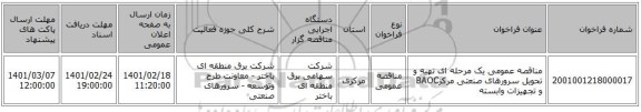 مناقصه، مناقصه عمومی یک مرحله ای تهیه و تحویل سرورهای صنعتی مرکزBAOC و تجهیزات وابسته