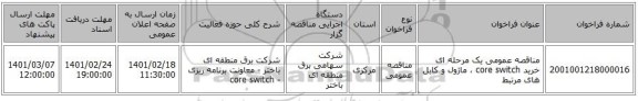 مناقصه، مناقصه عمومی یک مرحله ای خرید core switch ، ماژول و کابل های مرتبط