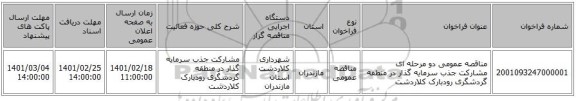 مناقصه، مناقصه عمومی دو مرحله ای مشارکت جذب سرمایه گذار در منطقه گردشگری رودبارک کلاردشت