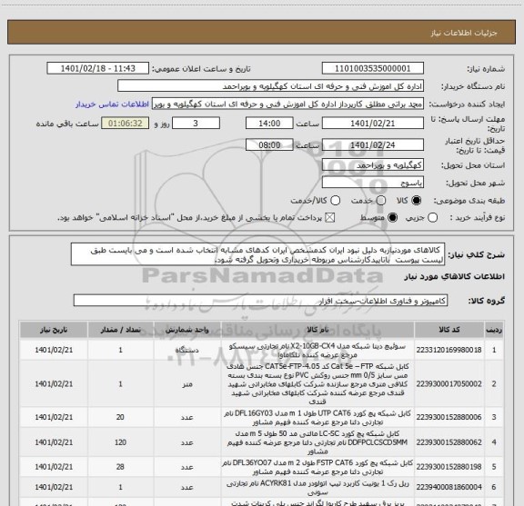 استعلام  کالاهای موردنیازبه دلیل نبود ایران کدمشخص ایران کدهای مشابه انتخاب شده است و می بایست طبق لیست پیوست  باتاییدکارشناس مربوطه خریداری وتحویل گرفته شود.