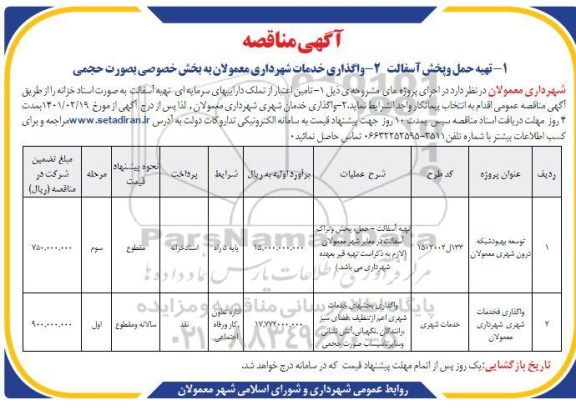 مناقصه توسعه بهبود شبکه درون شهری