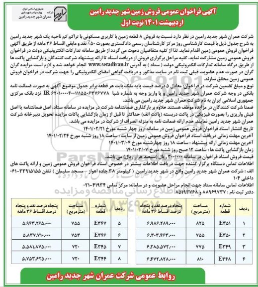 مزایده،مزایده فروش 8 قطعه زمین با کاربری مسکونی 