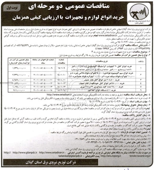 مناقصه خرید انواع کابل 20 کیلوولت کراسلینک آلومینیومی ...