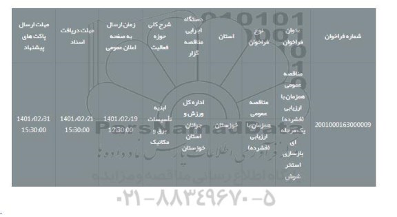 مناقصه، مناقصه عمومی همزمان با ارزیابی (فشرده) یک مرحله ای بازسازی استخر شوش