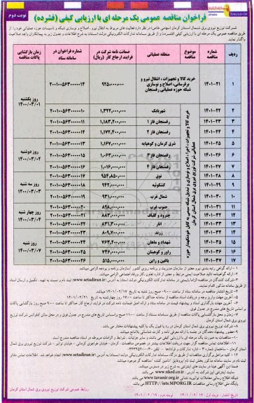 مناقصه، مناقصه عمومی خرید کالا و تجهیزات، انتقال نیرو و برقرسانی... - نوبت دوم 
