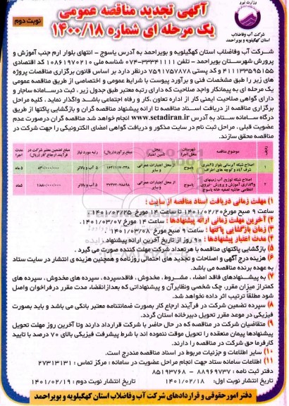 تجدید مناقصه اصلاح شبکه آبرسانی... - نوبت دوم