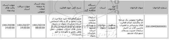 مناقصه، مناقصه عمومی یک مرحله ای واگذاری انجام فعالیت های پشتیبانی و تعمیرات ماشین آلات در اختیار سازمان مدیرت پسماند شهرداری مشهد