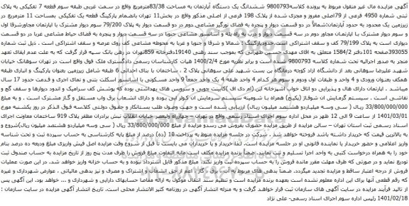آگهی مزایده ششدانگ یک دستگاه آپارتمان به مساحت 83/38مترمربع
