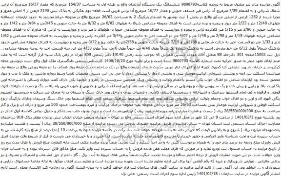 ششدانگ یک دستگاه آپارتمان واقع در طبقه اول به مساحت 154/37 مترمربع 