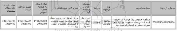 مناقصه، مناقصه عمومی یک مرحله ای اجرای آسفالت در معابر سطح شهر تیران به صورت دستی و فینیشری نوبت دوم