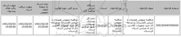 مناقصه، مناقصه عمومی همزمان با ارزیابی (فشرده) دو مرحله ای خرید تجهیزات کلاسی ادار ی مدارس استان کردستان