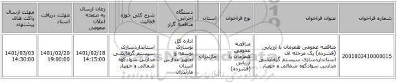 مناقصه، مناقصه عمومی همزمان با ارزیابی (فشرده) یک مرحله ای استانداردسازی سیستم گرمایشی مدارس سوادکوه شمالی و جویبار