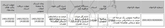 مناقصه، مناقصه عمومی یک مرحله ای مرمت و ساماندهی برج و باروهای ضلع شمالی هگمتانه همدان
