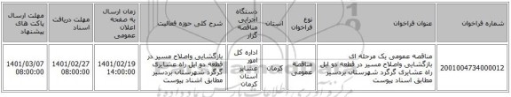 مناقصه، مناقصه عمومی یک مرحله ای بازگشایی واصلاح مسیر در قطعه دو ایل راه عشایری گرگرد شهرستان بردسیر مطابق اسناد پیوست 
