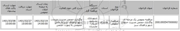 مناقصه، مناقصه عمومی یک مرحله ای واگذاری حجمی مدیریت خدمات شهر و فضای سبز