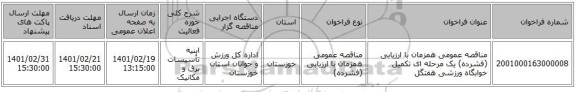 مناقصه، مناقصه عمومی همزمان با ارزیابی (فشرده) یک مرحله ای تکمیل خوابگاه ورزشی هفتگل